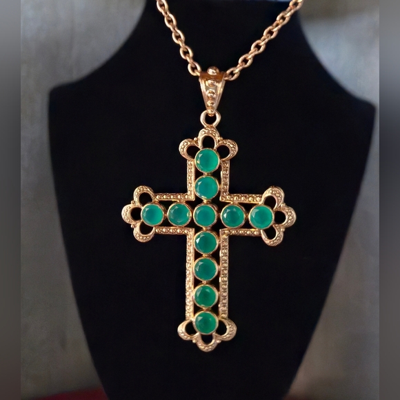 Nicky Butler Designer Signed Bronze Collection Green Chalcedony Cross Necklace